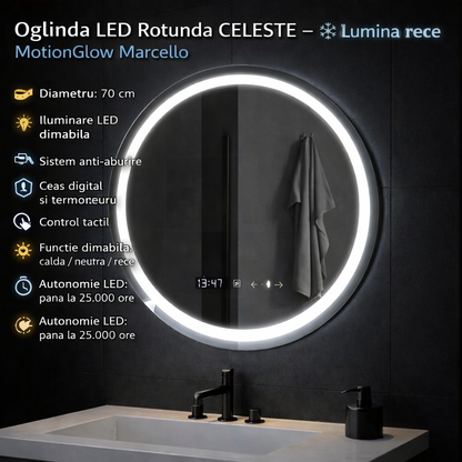 Oglinda LED Rotunda 70 Celeste MotionGlow Marcello, Sistem Dezaburire, Termometru si Ceas, Dimabila