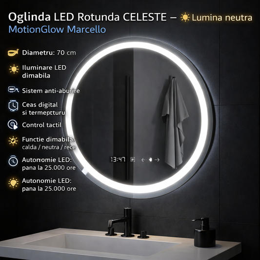 Oglinda LED Rotunda 70 Celeste MotionGlow Marcello, Sistem Dezaburire, Termometru si Ceas, Dimabila
