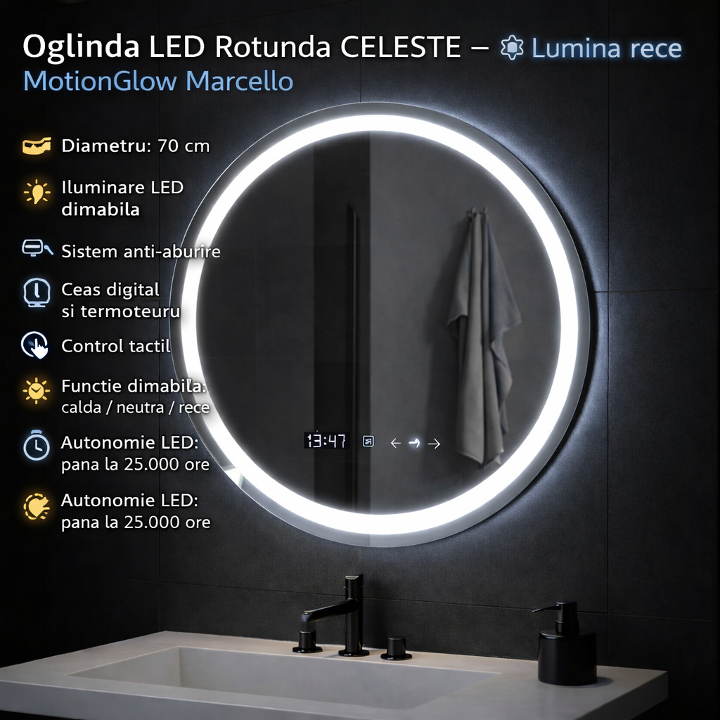 Oglinda LED Rotunda 70 Celeste MotionGlow Marcello, Sistem Dezaburire, Termometru si Ceas, Dimabila