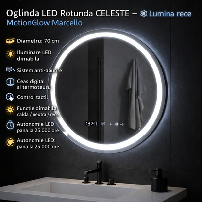 Oglinda LED Rotunda 70 Celeste MotionGlow Marcello, Sistem Dezaburire, Termometru si Ceas, Dimabila