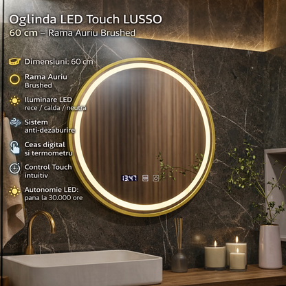 Oglinda LED Touch LUSSO Sistem Dezaburire, Ceas si Temperatura 60 cm Rama Auriu Brushed