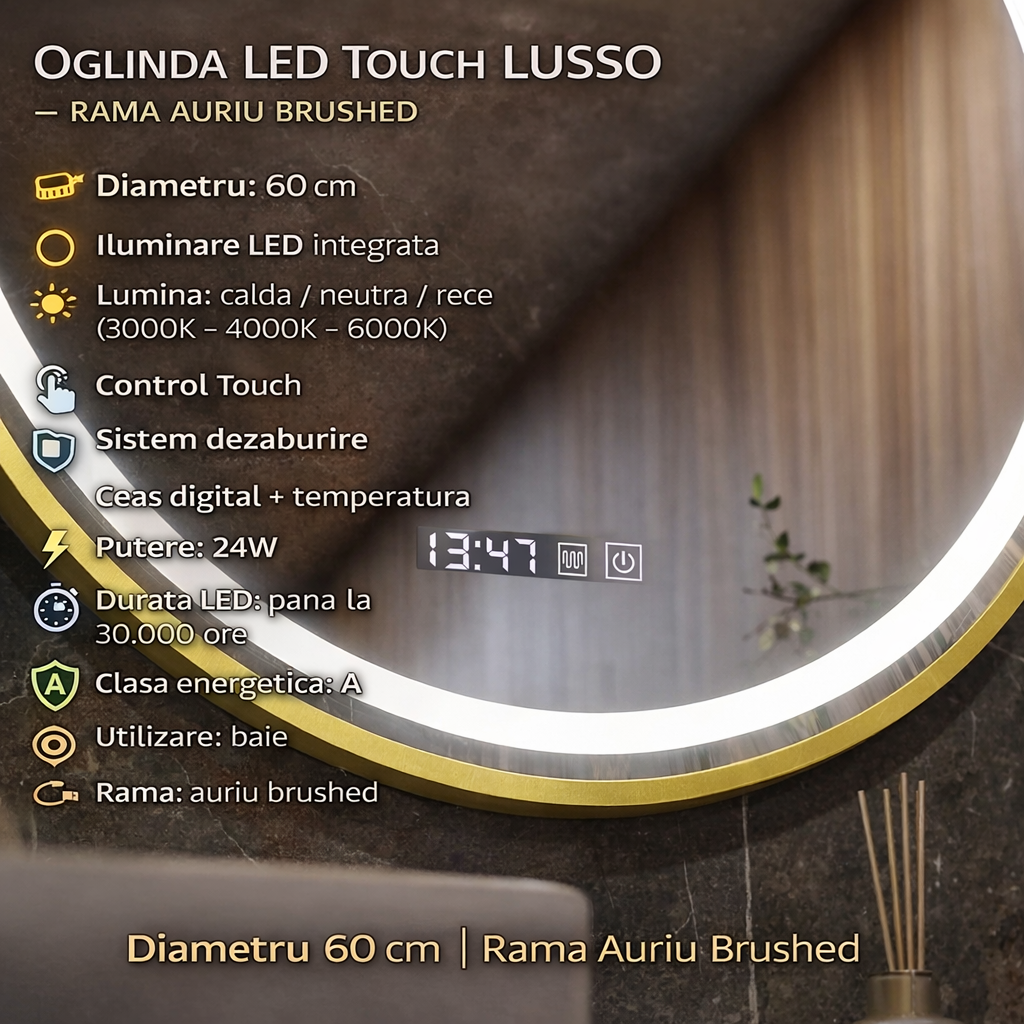 Oglinda LED Touch LUSSO Sistem Dezaburire, Ceas si Temperatura 60 cm Rama Auriu Brushed
