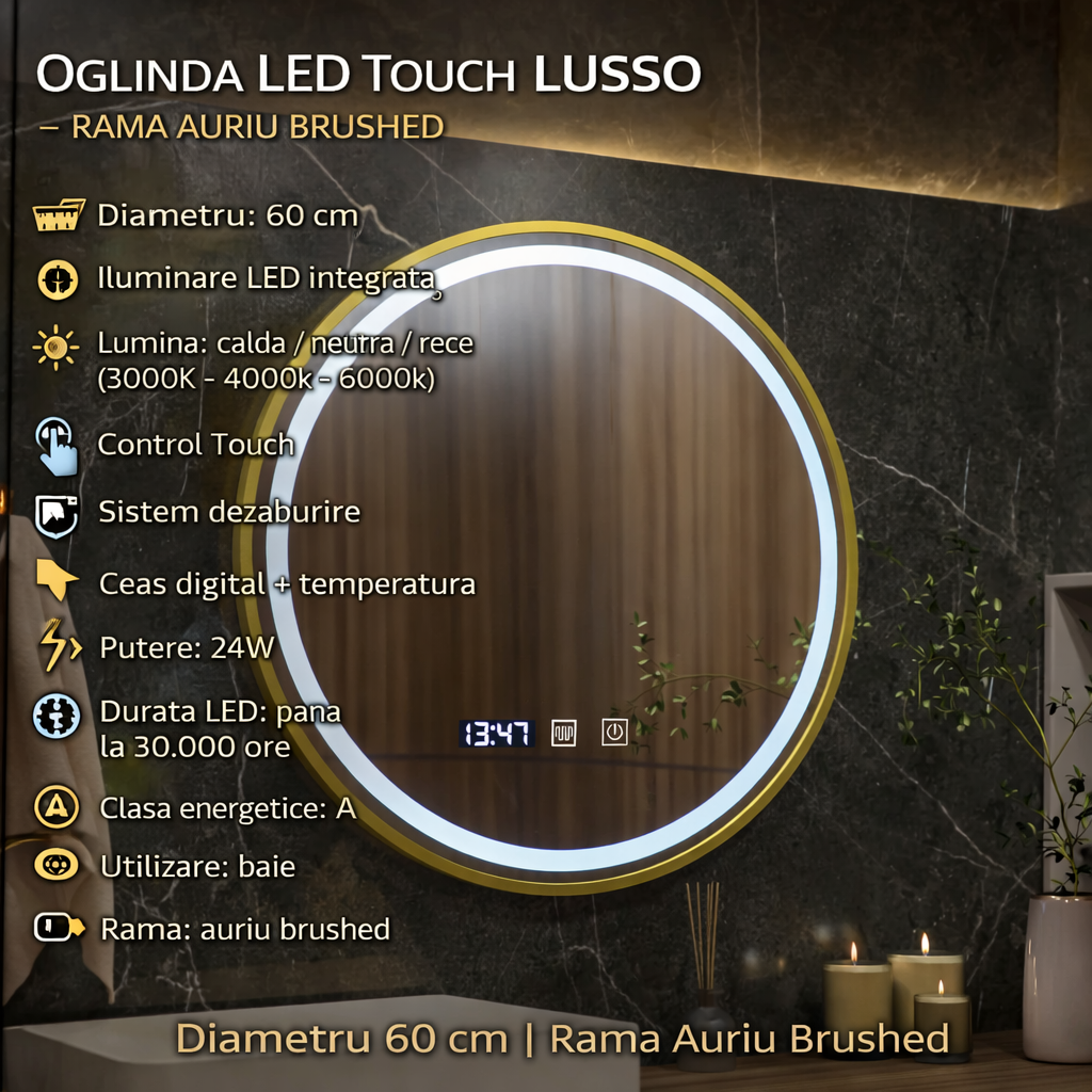 Oglinda LED Touch LUSSO Sistem Dezaburire, Ceas si Temperatura 60 cm Rama Auriu Brushed