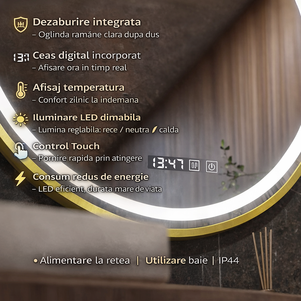 Oglinda LED Touch LUSSO Sistem Dezaburire, Ceas si Temperatura 60 cm Rama Auriu Brushed