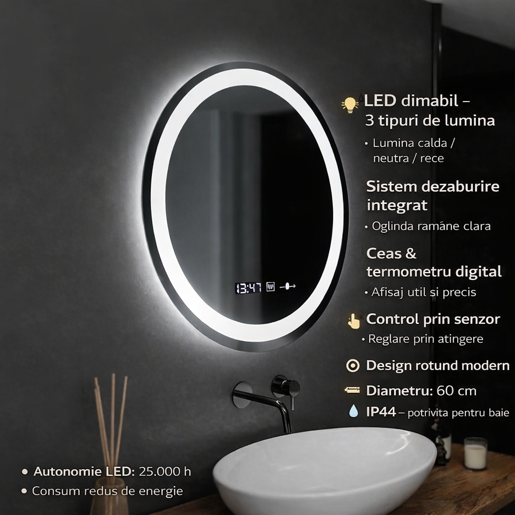 Oglinda LED Rotunda, 60cm, Celeste MotionGlow Marcello, Sistem Dezaburire, Ceas & Termometru, Dimabila