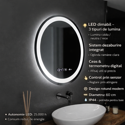 Oglinda LED Rotunda, 60cm, Celeste MotionGlow Marcello, Sistem Dezaburire, Ceas & Termometru, Dimabila