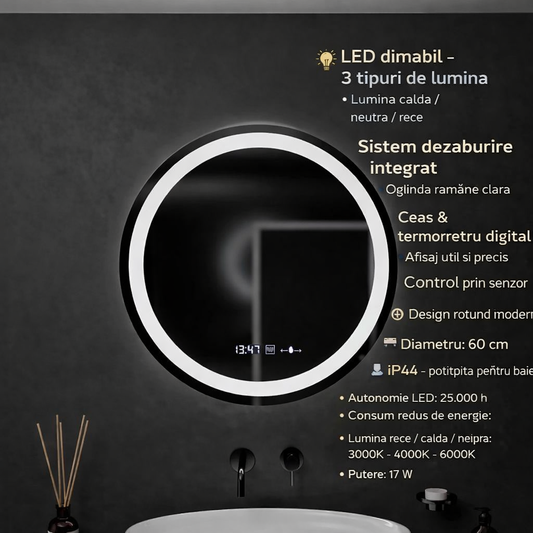Oglinda LED Rotunda, 60cm, Celeste MotionGlow Marcello, Sistem Dezaburire, Ceas & Termometru, Dimabila