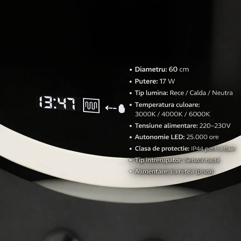 Oglinda LED Rotunda, 60cm, Celeste MotionGlow Marcello, Sistem Dezaburire, Ceas & Termometru, Dimabila