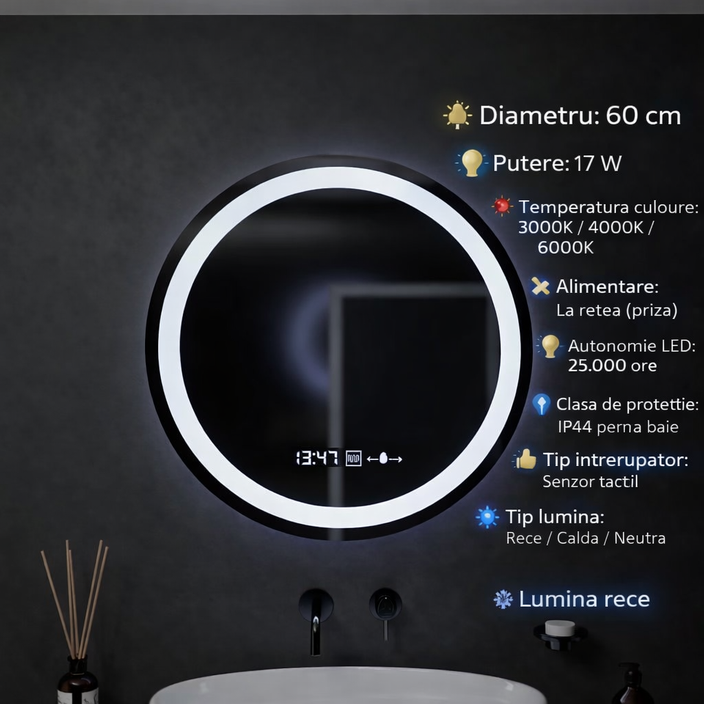 Oglinda LED Rotunda, 60cm, Celeste MotionGlow Marcello, Sistem Dezaburire, Ceas & Termometru, Dimabila
