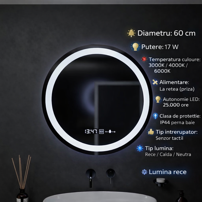Oglinda LED Rotunda, 60cm, Celeste MotionGlow Marcello, Sistem Dezaburire, Ceas & Termometru, Dimabila