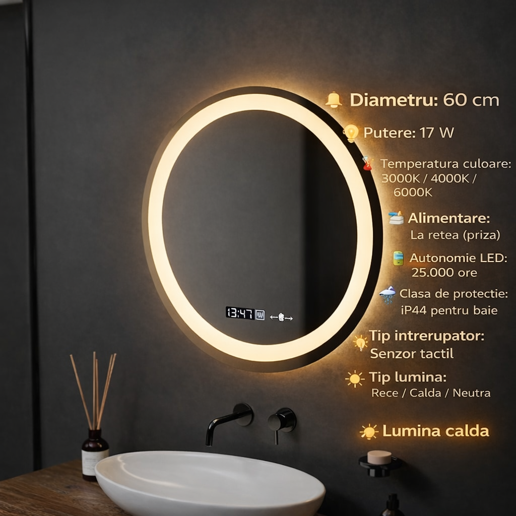 Oglinda LED Rotunda, 60cm, Celeste MotionGlow Marcello, Sistem Dezaburire, Ceas & Termometru, Dimabila