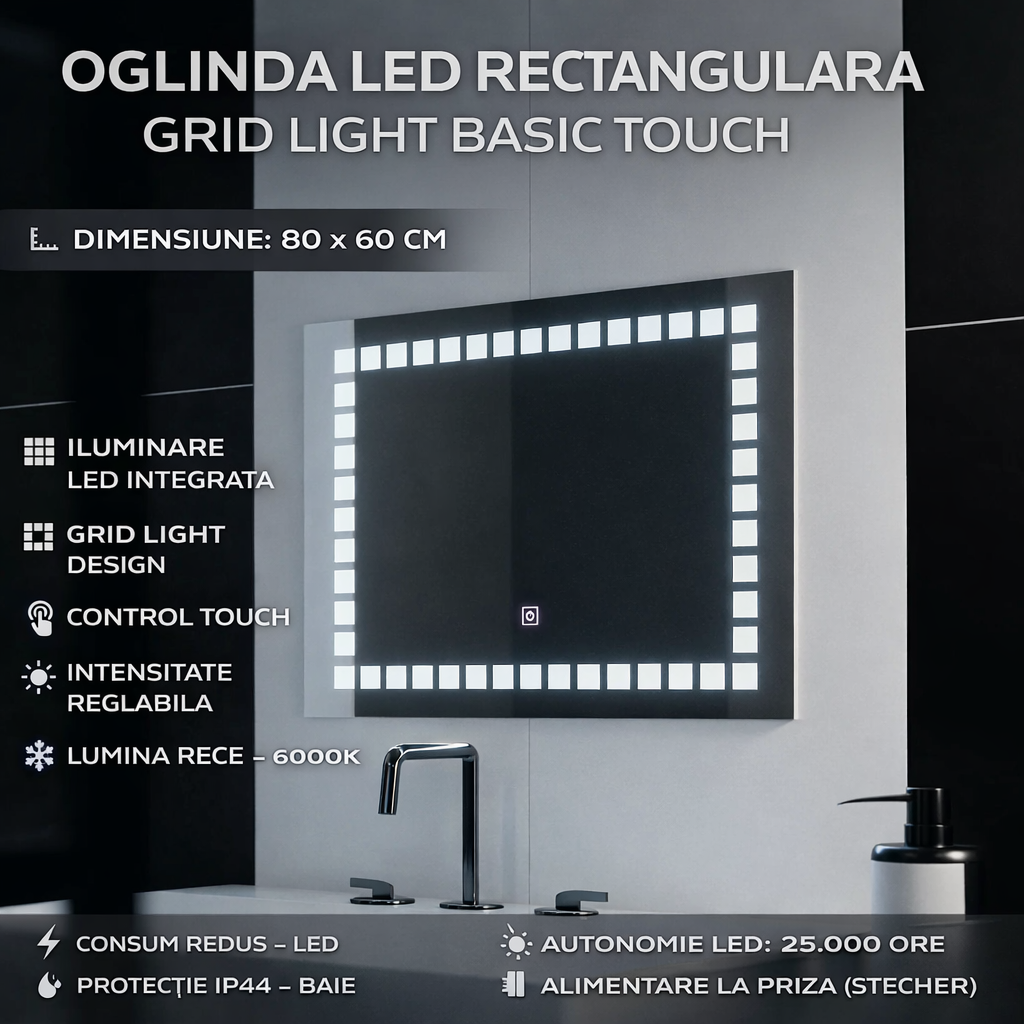 Oglinda LED Rectangulara 80x60cm Grid Light Basic Touch
