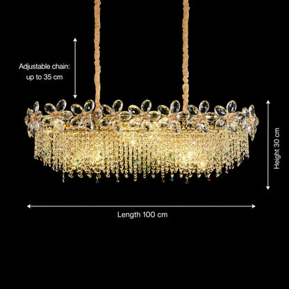 Candelabru Cristal 20xE14, BLOSSOM Imperio 100x40cm, Auriu Lucios, Inaltime Reglabila, Metal si Cristal