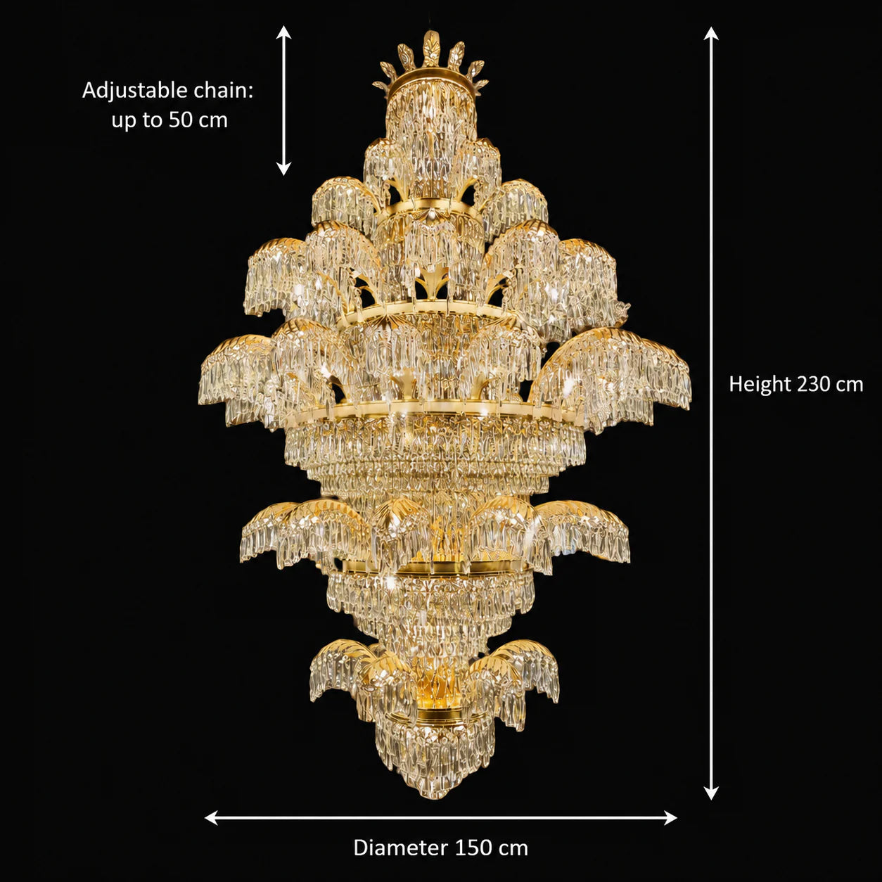 Candelabru Cristal PALACE Grande, 52 de brate, 96xG9, Diametru 150cm, Inaltime 230cm, Auriu Lucios, Inaltime Reglabila, Design Elegant