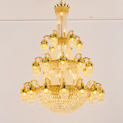 Candelabru Cristal , 61xE14, Diametru 150cm, Inaltime 200cm, Auriu Lucios, Inaltime Reglabila, Design Elegant