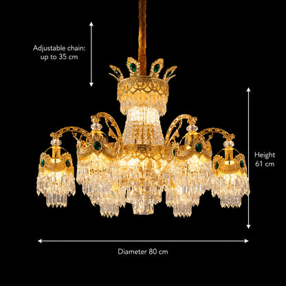 Candelabru Cristal 13xE14, D80cm, Auriu Lucios, Inaltime Reglabila, Metal si Cristal