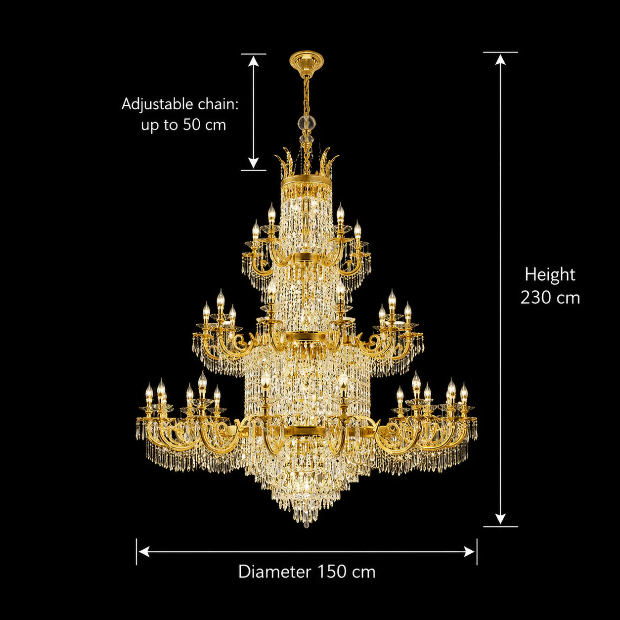 Candelabru Cristal , 54xE14, Diametru 150cm, Inaltime 230cm, Auriu Lucios, Inaltime Reglabila, Design Elegant