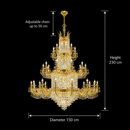 Candelabru Cristal , 54xE14, Diametru 150cm, Inaltime 230cm, Auriu Lucios, Inaltime Reglabila, Design Elegant