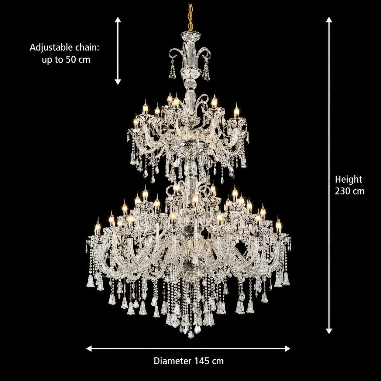 Candelabru Cristal , 55xE14, Diametru 145cm, Inaltime 230cm, Argintiu, Inaltime Reglabila, Design Elegant
