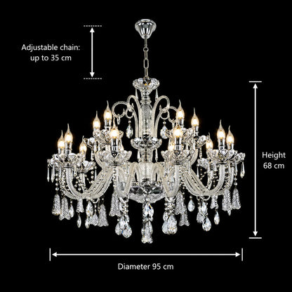 Candelabru Cristal 15xE14, D95cm, Argintiu, Inaltime Reglabila, Metal si Cristal