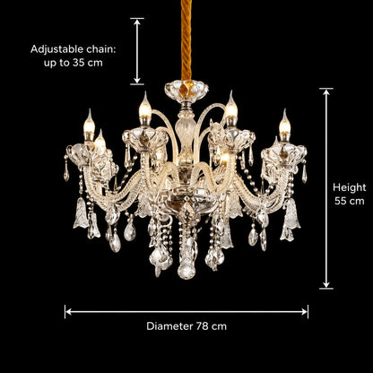 Candelabru Cristal 8xE14, D78cm, Argintiu, Inaltime Reglabila, Metal si Cristal