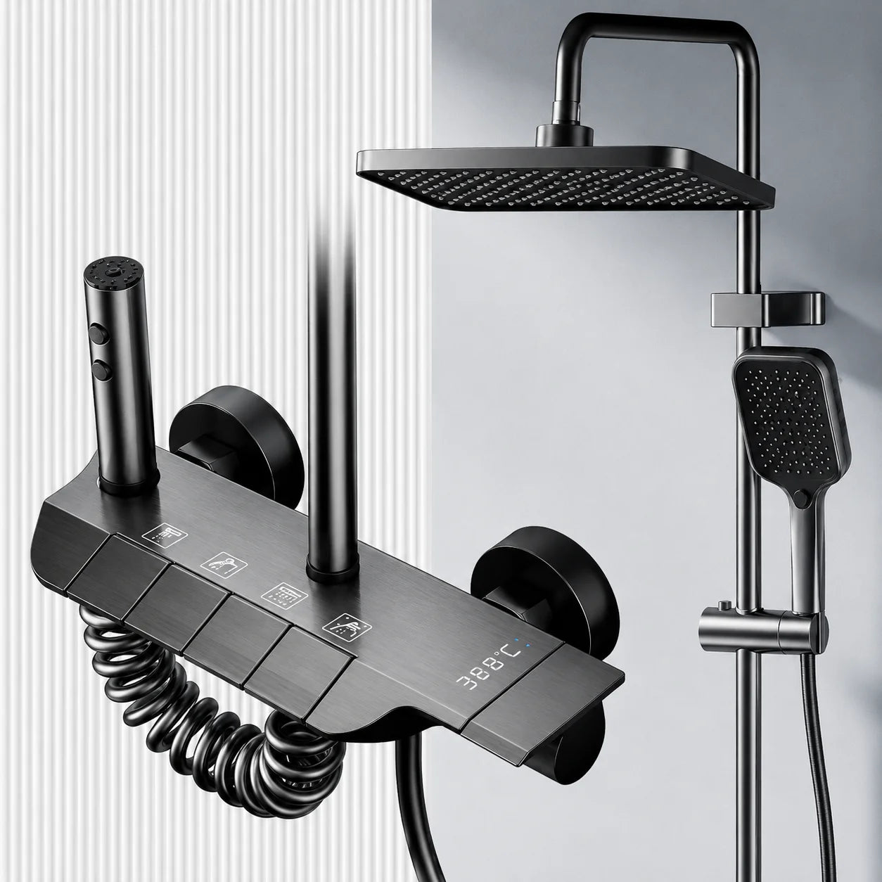 Coloana de dus ATID, Metal, Para Patrata, Efect Ploaie, 3 Functii, Montare Pe Perete, Negru, Accesorii Incluse