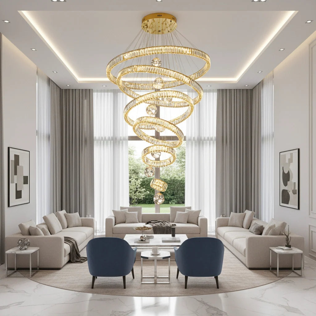 Candelabru Cristal cu Telecomanda KOLO Supremo, 120x350cm, Lumina Calda/Neutra/Rece, Auriu, Metal si Cristal