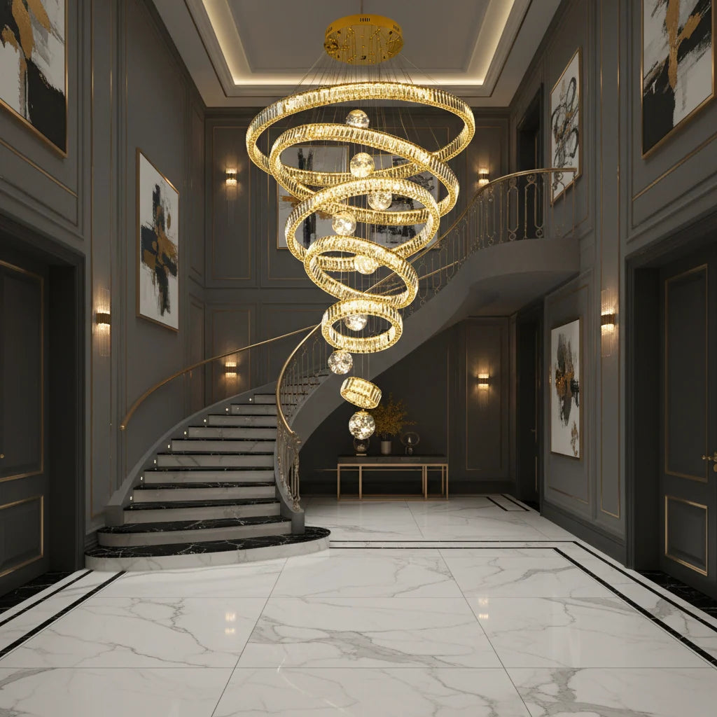 Candelabru Cristal cu Telecomanda KOLO Supremo, 120x350cm, Lumina Calda/Neutra/Rece, Auriu, Metal si Cristal