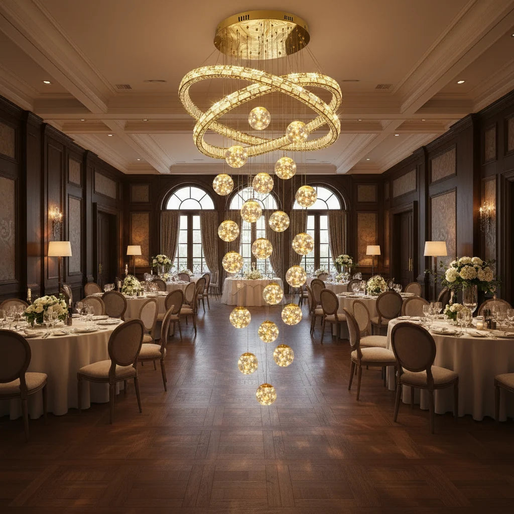 Candelabru Cristal cu Telecomanda DUARA Supremo, 90x300cm, Lumina Calda/Neutra/Rece, Auriu, Metal si Cristal