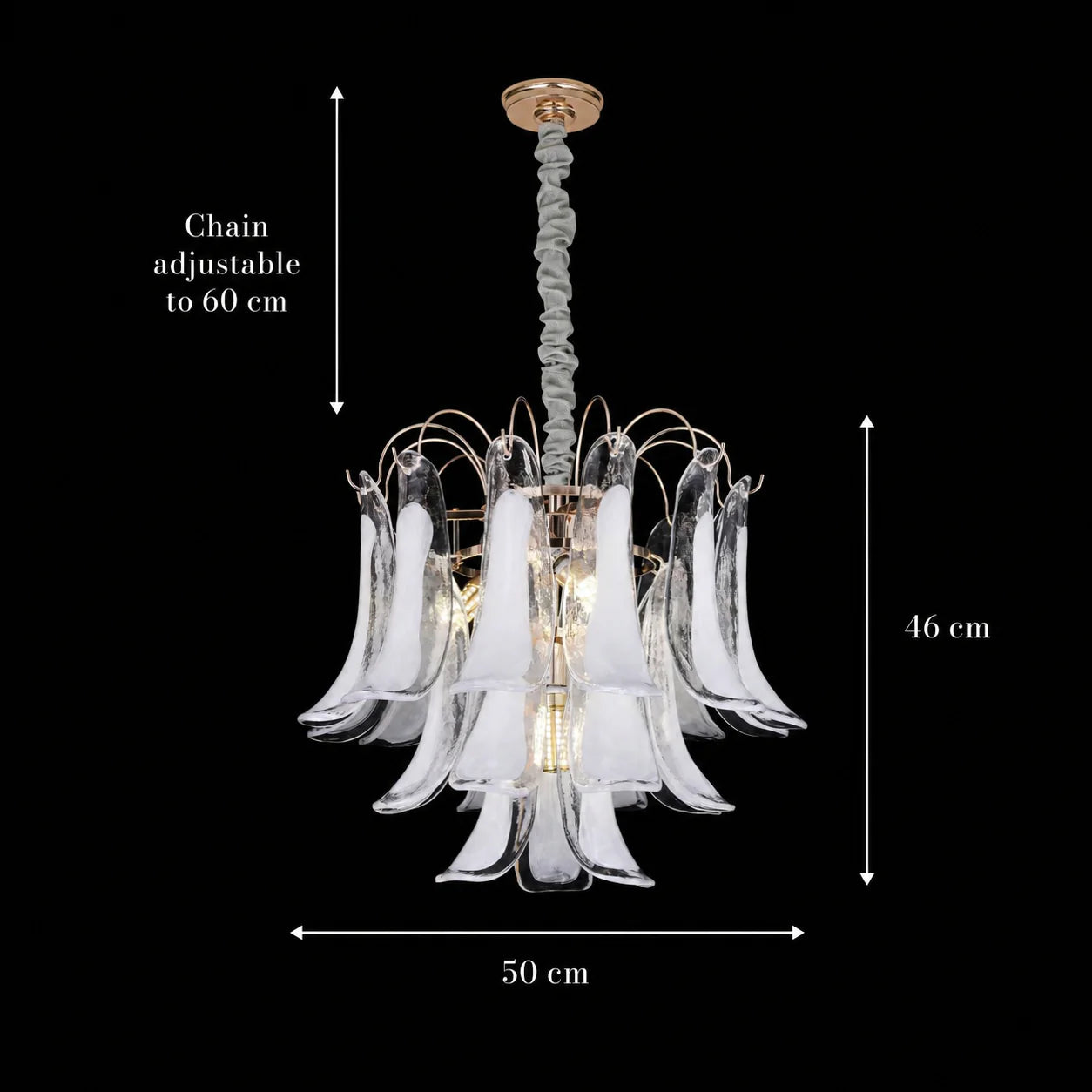 Candelabru Cristal MURANO Eleganza 4xE14, D50 cm, Alb, Inaltime Reglabila, Metal si Cristal