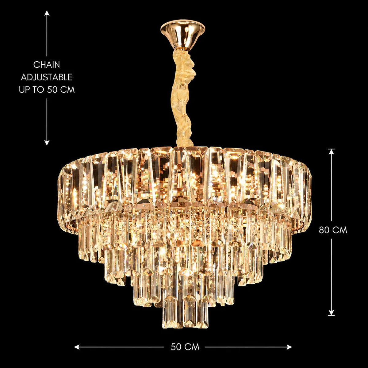Candelabru Cristal VALMONT Eleganza 8xE14, D50 cm, Auriu, Inaltime Reglabila, Metal si Cristal