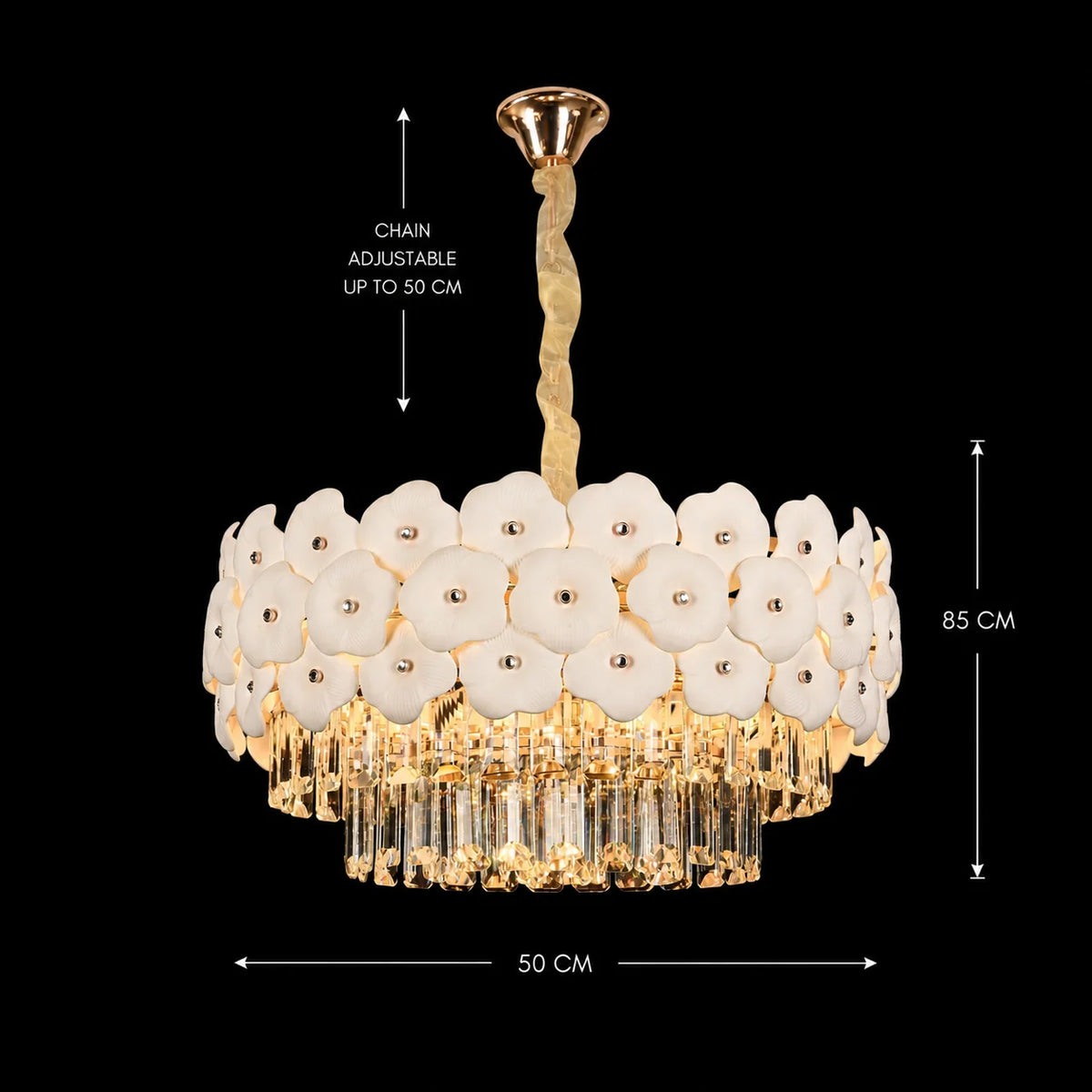 Candelabru Cristal PETAL Eleganza 9xE14, D50 cm, Auriu, Inaltime Reglabila, Metal si Cristal