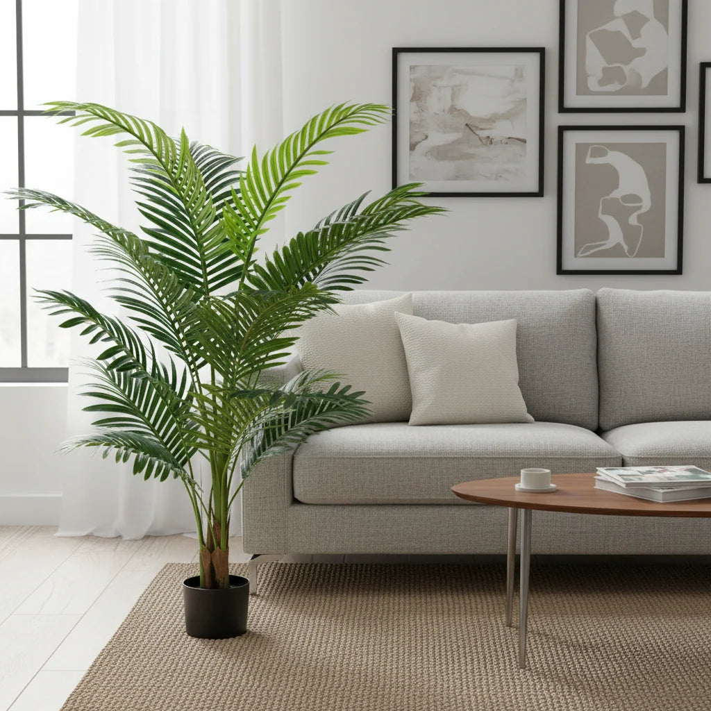 Decoratiune Palmier Kentia, 3 tulpini, Plastic, 17 frunze, 160 cm, Verde