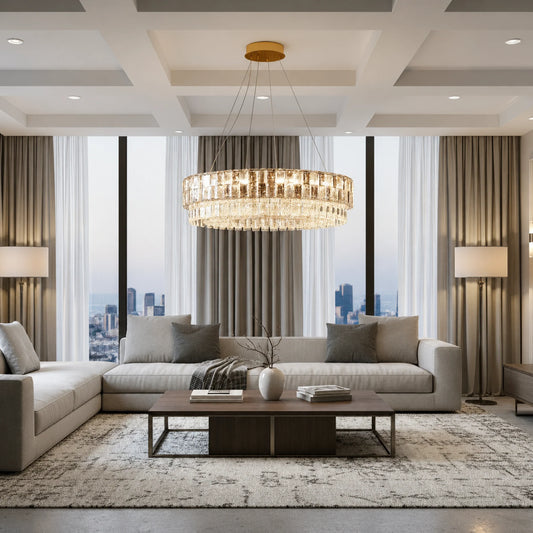 Candelabru Cristal ELYSIAN Magno 9xE14, D60 cm, Auriu, Inaltime Reglabila, Metal si Cristal