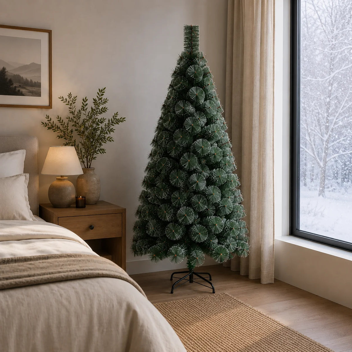 Decoratiune Brad Artificial MANIITSOQ, 180 cm, 220 varfuri, Suport Metalic, Plastic, Ace Verzi cu Varfuri Albe