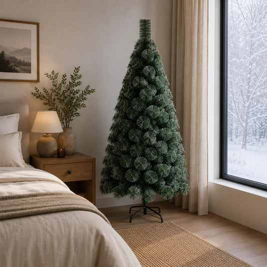 Decoratiune Brad Artificial MANIITSOQ, 180 cm, 220 varfuri, Suport Metalic, Plastic, Ace Verzi cu Varfuri Albe