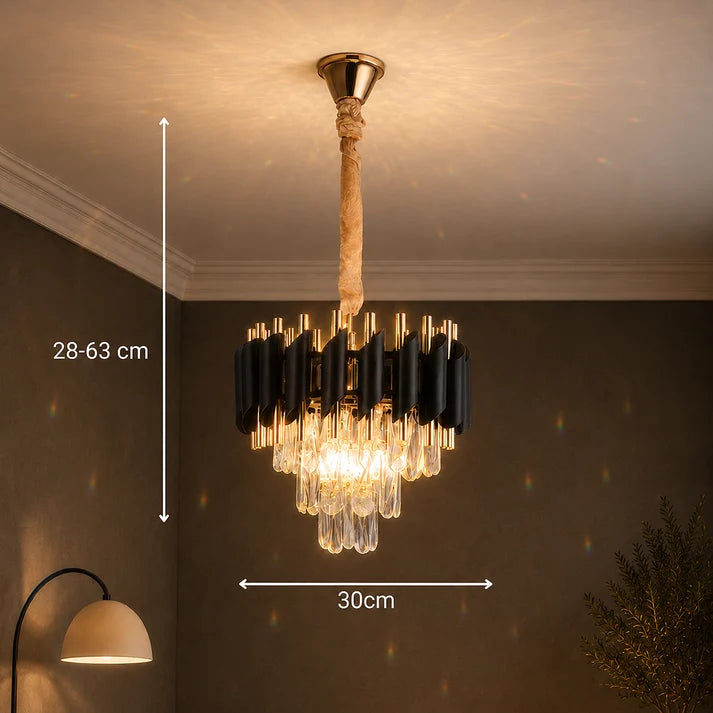 Candelabru Cristal VERSAILLES Petito 3xE14, Diametru 30cm, Auriu Lucios si Negru, Inaltime Reglabila