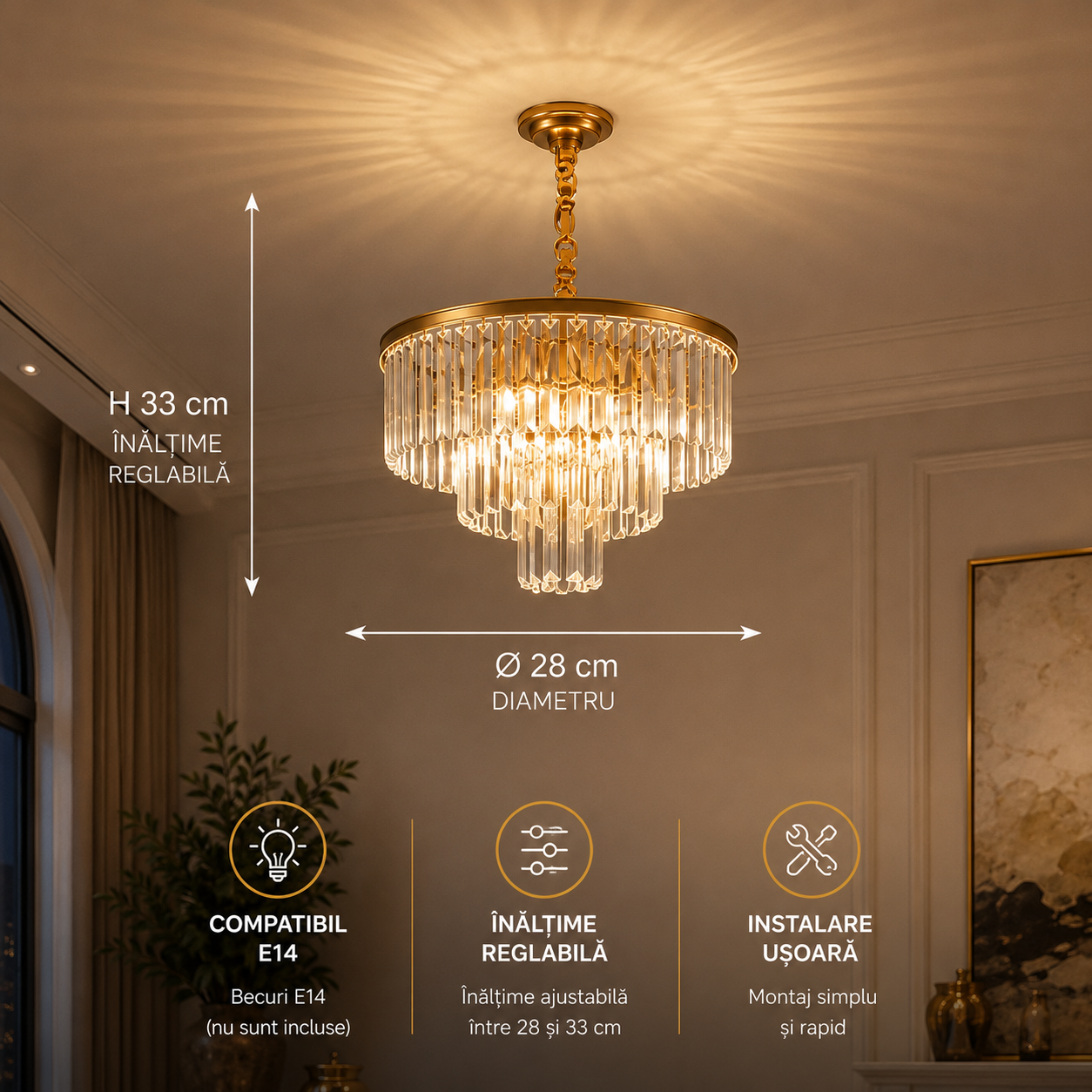 Candelabru Cristal CHAMBORD Petito 3xE14, Diametru 28cm, Auriu Mat, Inaltime Reglabila