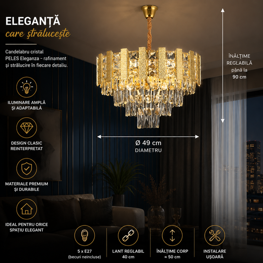 Candelabru Cristal PELES Eleganza 5xE27, Diametru 49cm, Auriu Lucios, Inaltime Reglabila