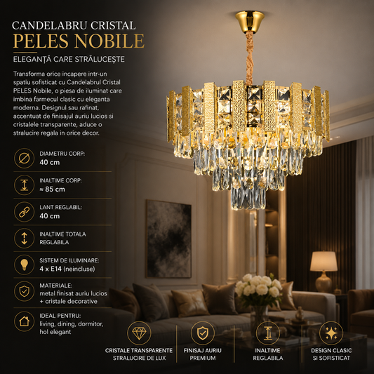 Candelabru Cristal PELES Nobile 4xE14, Diametru 40cm, Auriu Lucios, Inaltime Reglabila