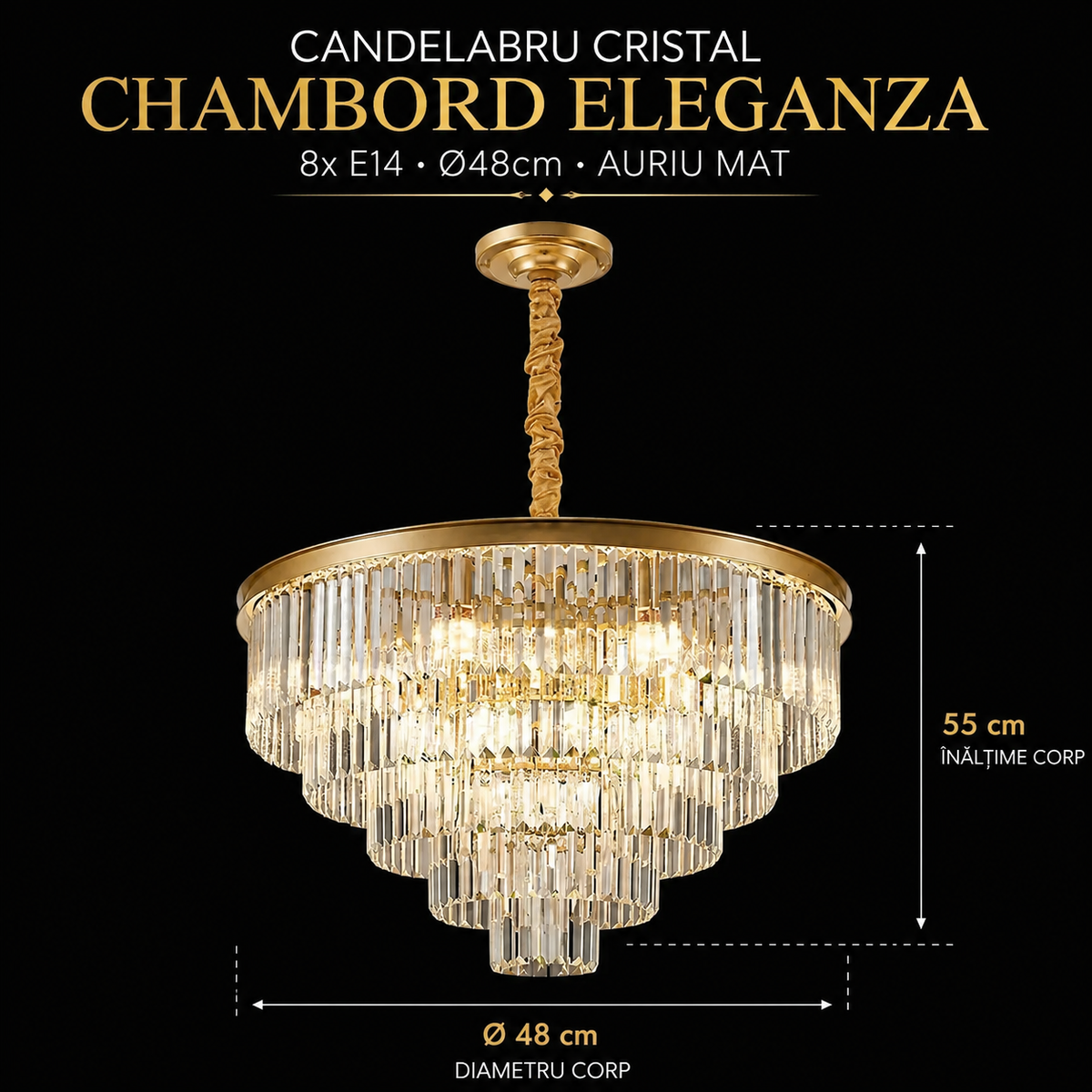 Candelabru Cristal CHAMBORD Eleganza 8xE14, Diametru 48cm, Auriu Mat, Inaltime Reglabila
