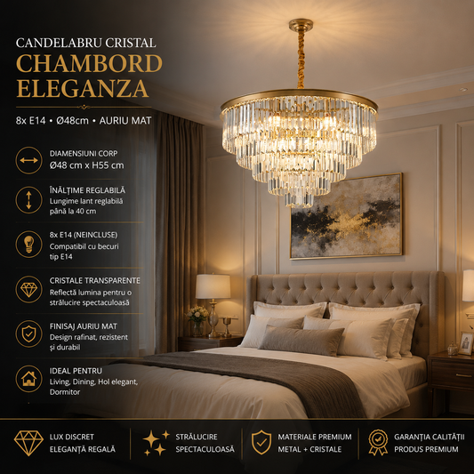 Candelabru Cristal CHAMBORD Eleganza 8xE14, Diametru 48cm, Auriu Mat, Inaltime Reglabila