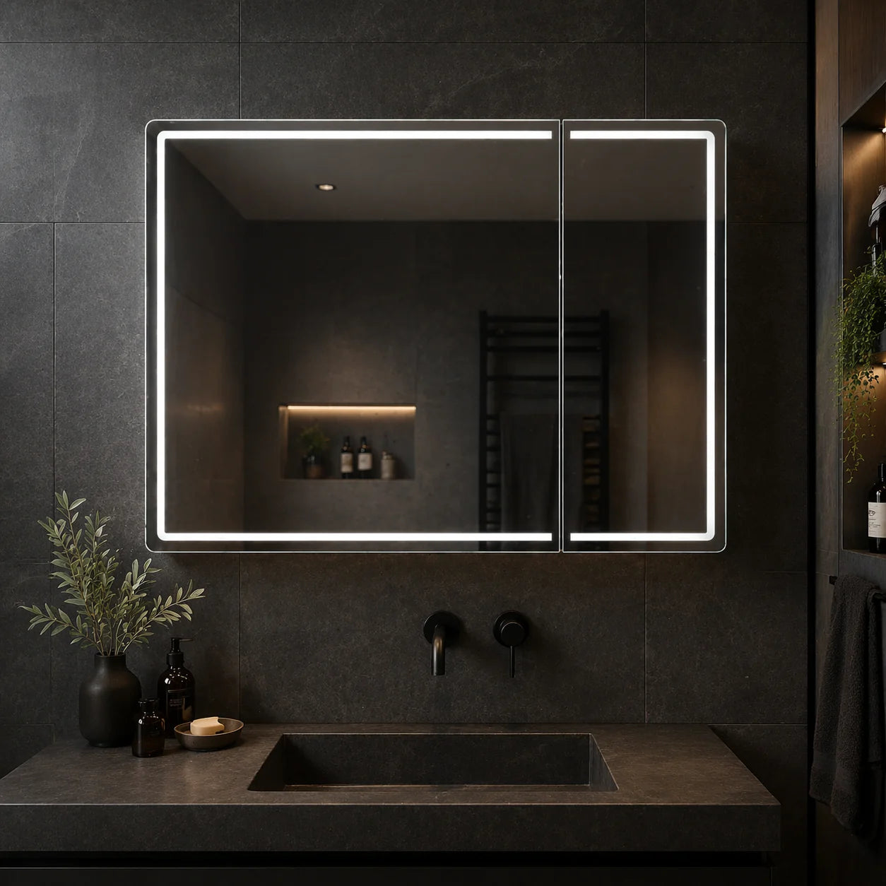 Oglinda LED cu Dulap LENTO 80x70 cm Gri – Iluminare Perimetrala si Senzor Touch