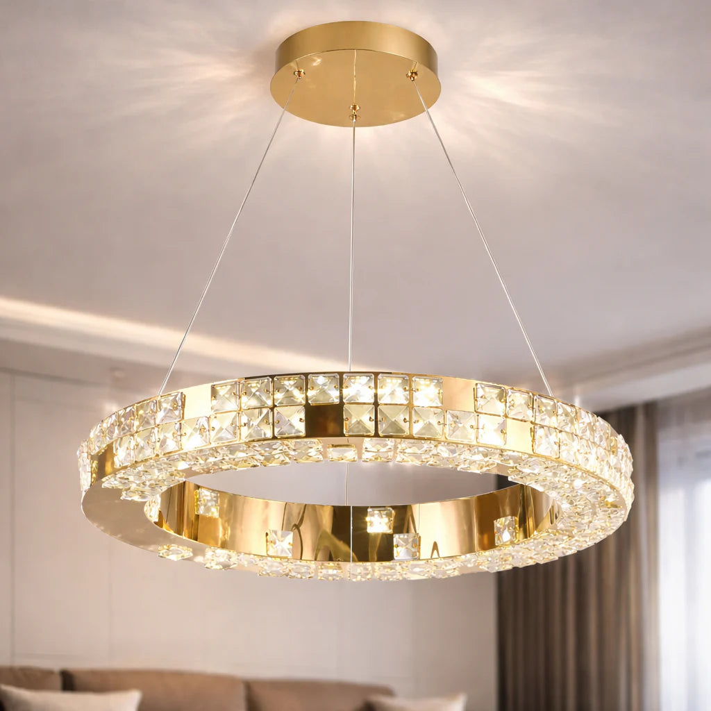 Lustra LED cu Telecomanda, LLC135/1GD, Cristal si Metal, 29W, 1 Cerc, Dimabila, Inaltime Reglabila, Lumina Rece/Calda/Neutra, Iluminat Luxos