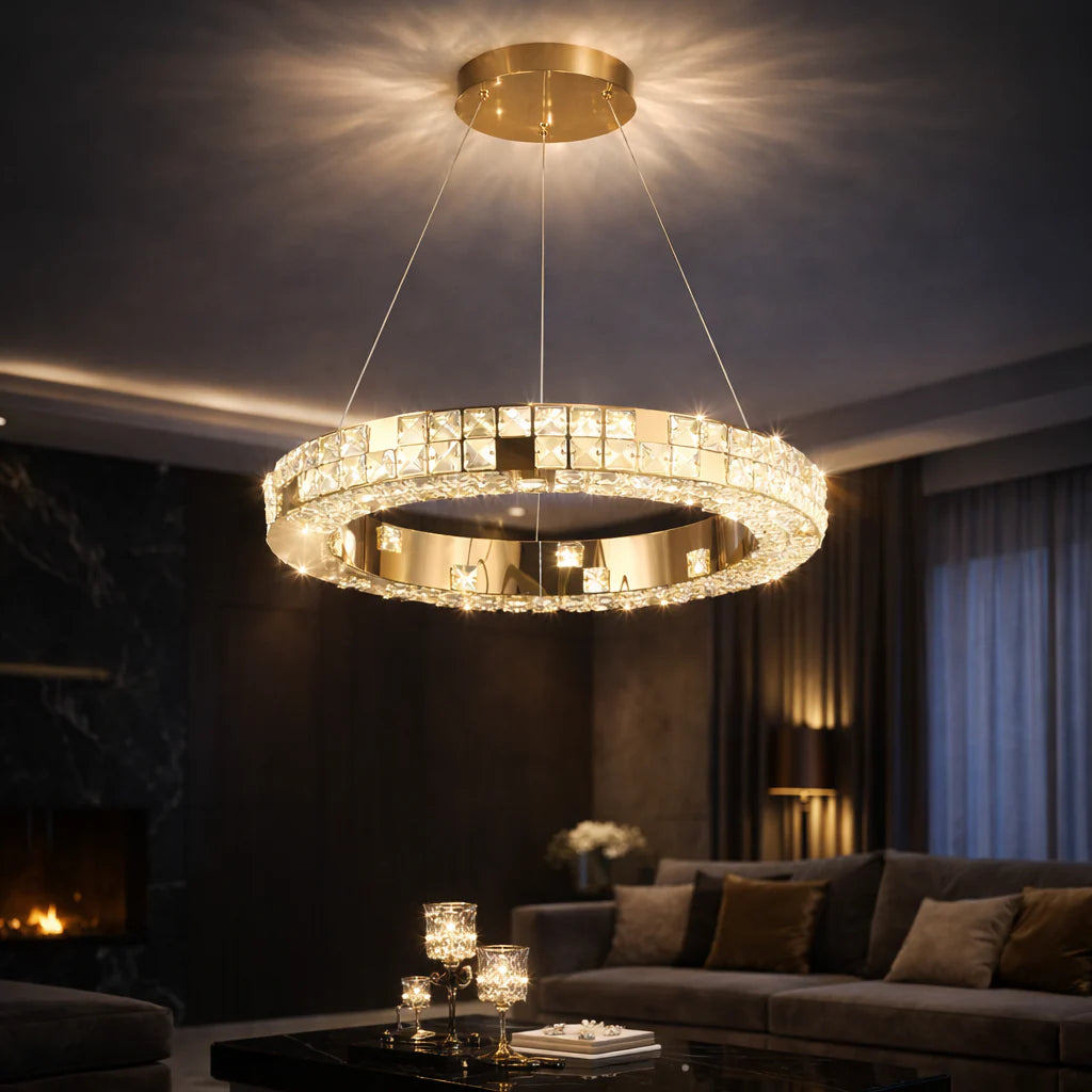 Lustra LED cu Telecomanda, LLC135/1GD, Cristal si Metal, 29W, 1 Cerc, Dimabila, Inaltime Reglabila, Lumina Rece/Calda/Neutra, Iluminat Luxos