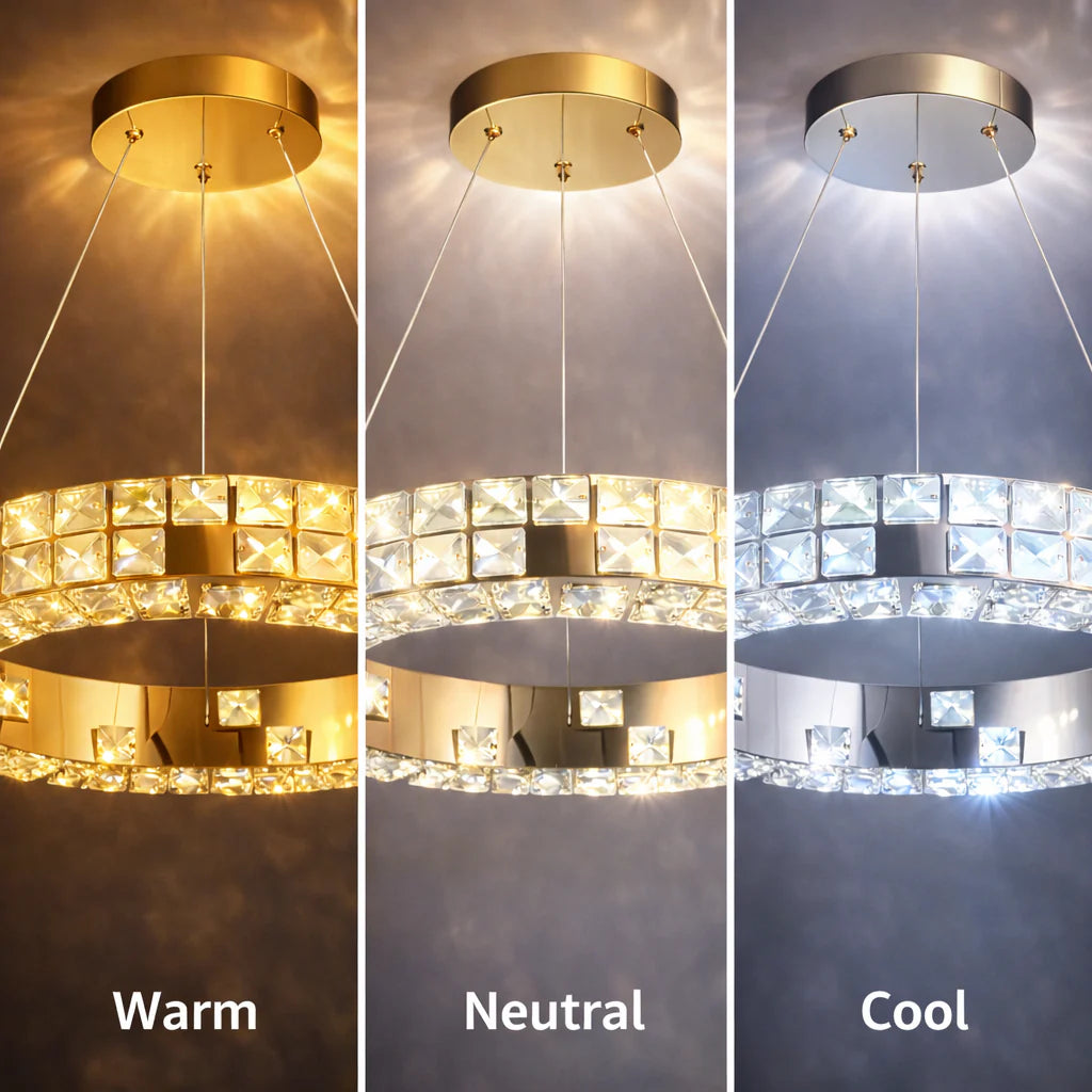 Lustra LED cu Telecomanda, LLC135/1GD, Cristal si Metal, 29W, 1 Cerc, Dimabila, Inaltime Reglabila, Lumina Rece/Calda/Neutra, Iluminat Luxos