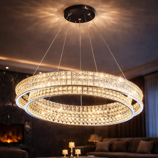 Lustra LED cu Telecomanda, LLC160/500CH, Cristal si Metal, 120W, 1 Cerc, Dimabila, Inaltime Reglabila, Lumina Rece/Calda/Neutra, Iluminat Luxos