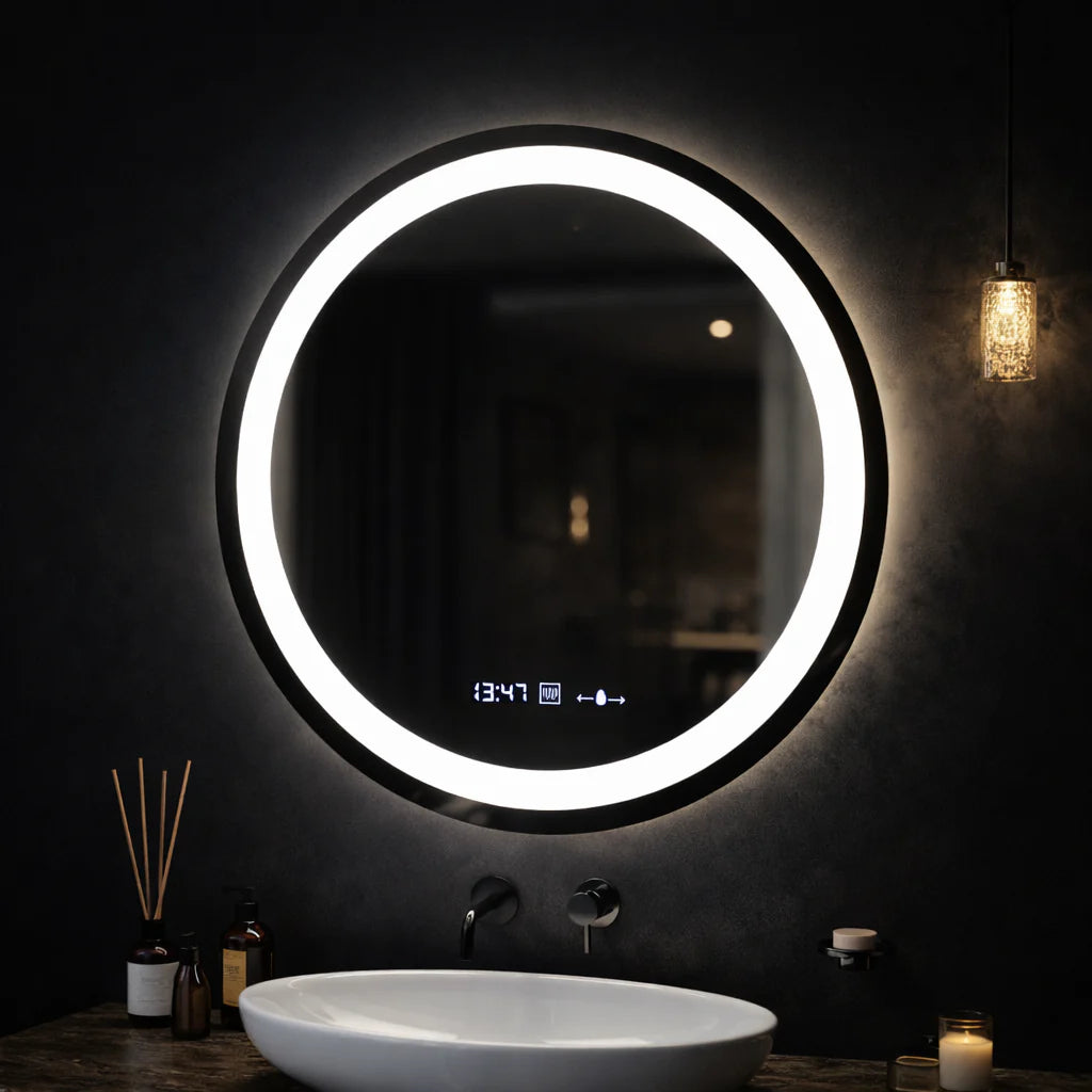Oglinda LED Rotunda, 60cm, Celeste MotionGlow Marcello, Sistem Dezaburire, Ceas & Termometru, Dimabila
