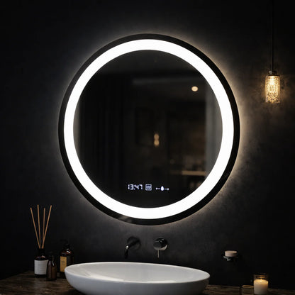 Oglinda LED Rotunda, 60cm, Celeste MotionGlow Marcello, Sistem Dezaburire, Ceas & Termometru, Dimabila