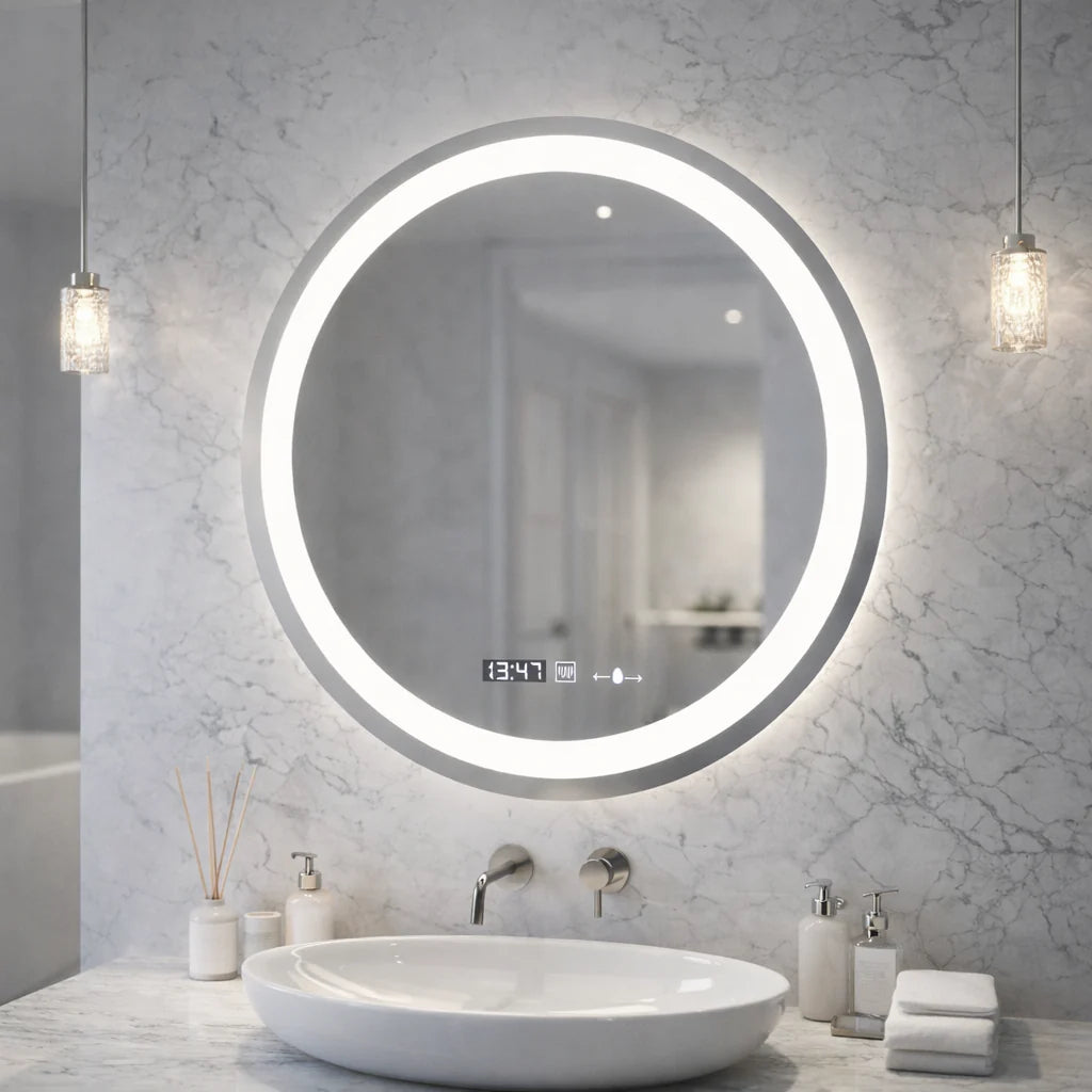 Oglinda LED Rotunda, 60cm, Celeste MotionGlow Marcello, Sistem Dezaburire, Ceas & Termometru, Dimabila